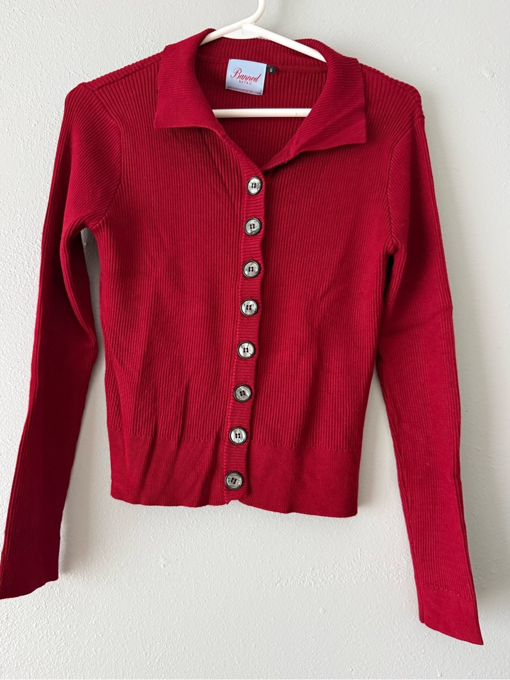 Banned Retro Red Ribbed Collared Cardigan